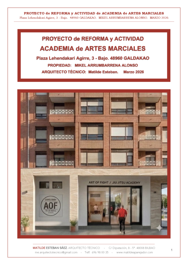 Proyecto técnico para reforma y apertura de academia de artes marciales en Galdakao