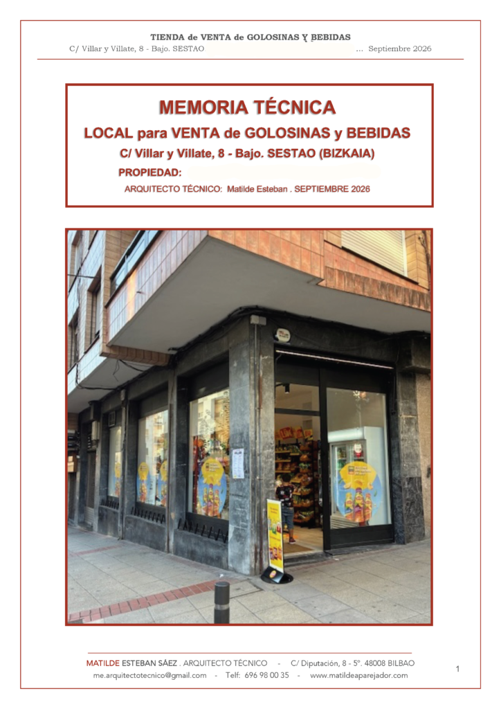 Memoria técnica para local de venta de golosinas y bebidas en Sestao, Bizkaia