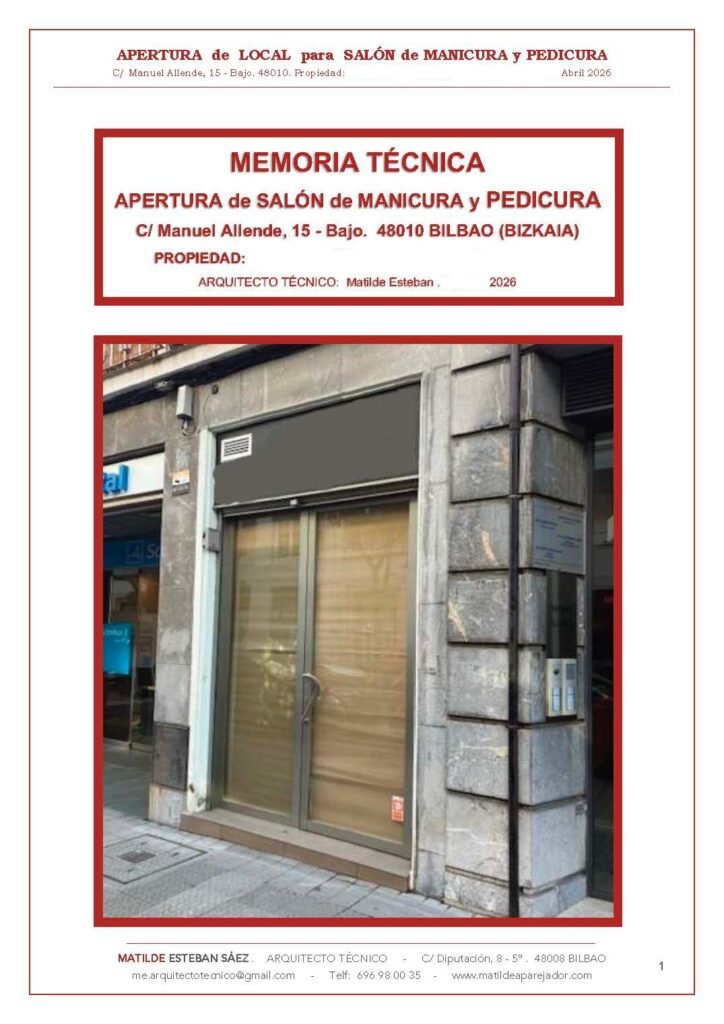 Memoria técnica para comunicación previa de actividad CPA tipo B2 de salón de manicura en Bilbao realizada por arquitecto técnico.